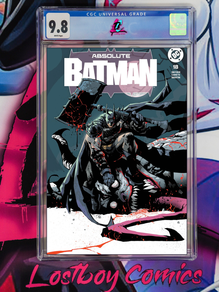 Comic book cover of 'Absolute Batman' with a grading label on a colorful background
