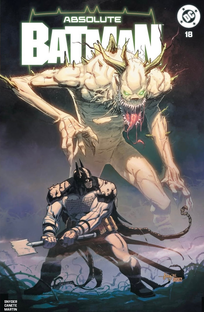 Comic book cover featuring a superhero facing a monstrous creature with 'Absolute Batman' branding.