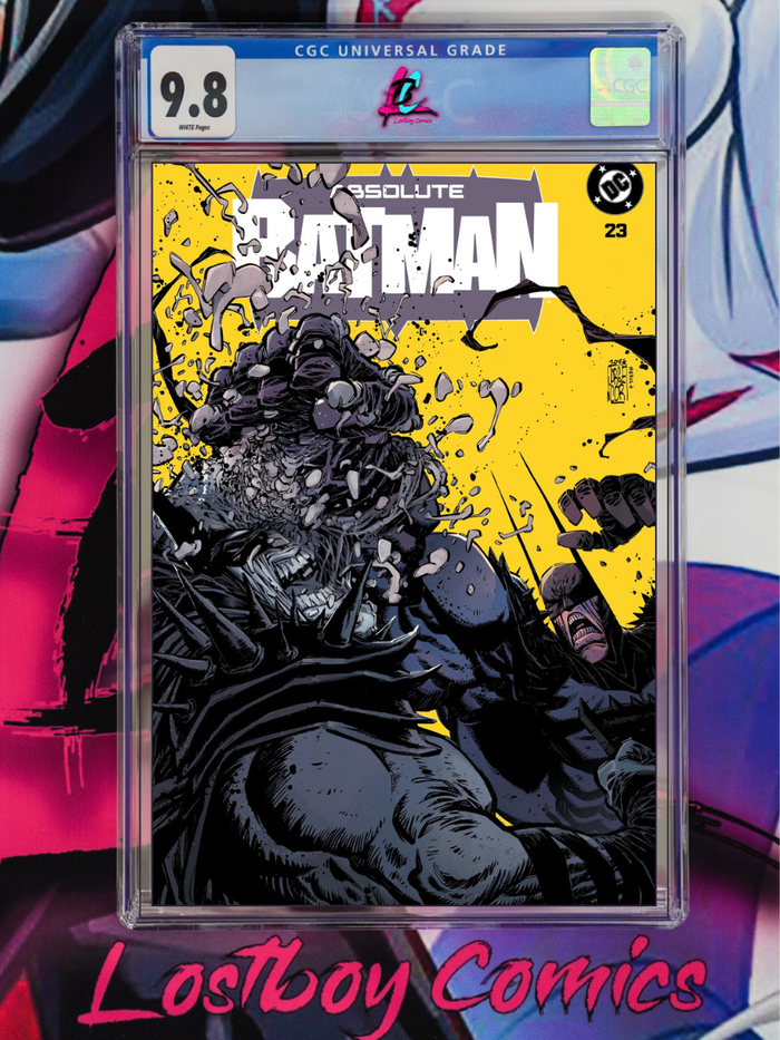 A graded comic book in a clear CGC slab, featuring Batman cover art with a bright yellow background and dark black-and-gray illustration. The slab shows a 9.