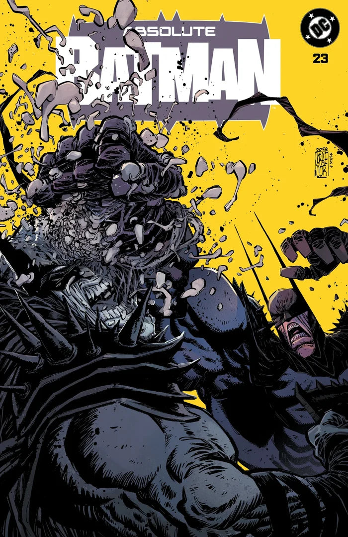 Comic book cover for DC's Absolute Batman #23, featuring a dramatic illustrated battle scene with Batman in dark blue-gray tones against a bright yellow background.