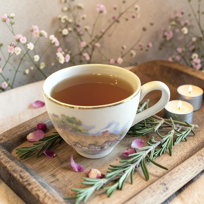 Abundance herbal tea on a wooden tray with flowers and candles