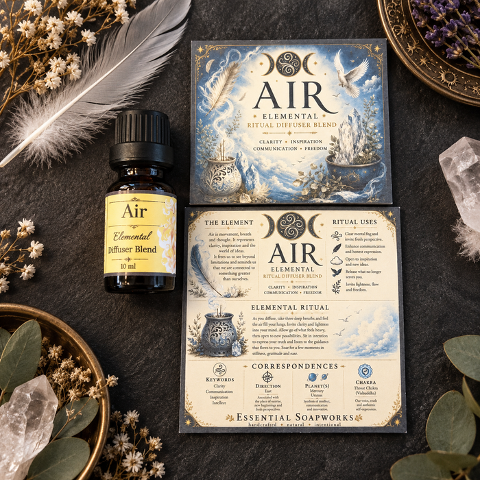An essential oil diffuser blend bottle labeled 'Air Elemental' arranged on a dark textured surface with printed cards, crystals, dried flowers, a feather, and greenery. The product itself is the small amber bottle with a black cap and yellow label, alongside branded packaging cards and decorative props.