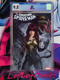Comic book cover featuring a character with red hair and black outfit, with a venom creature, on a colorful background.