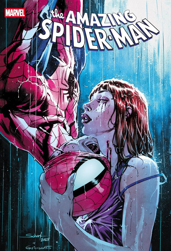 Comic book cover featuring Spider-Man and a woman with a dark, rain-soaked background.