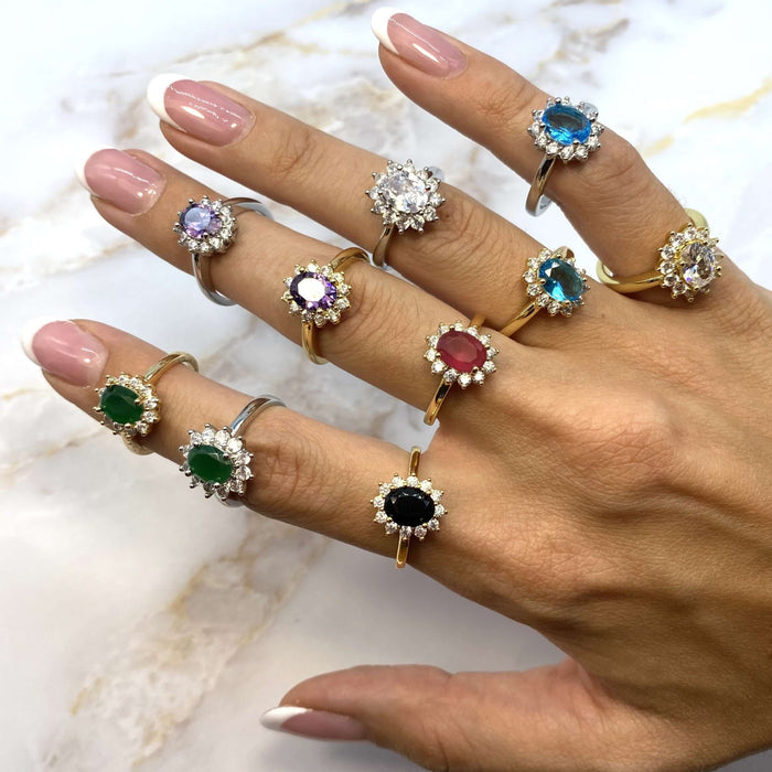 Anello Kate regolabile nei colori oro e argento con scelta della pietra di colore: Verde, Viola, Bianco, Nero, Fucsia, Turchese, Rosa, Blu  - Iride Shop Bijoux e Accessori