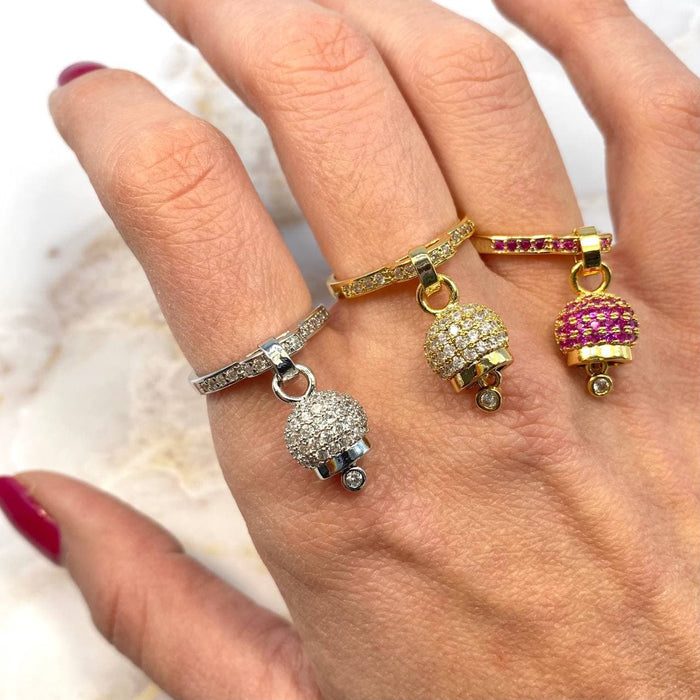 Anello regolabile campanella con zirconi nei colori oro e argento con pietre nei vivaci colori fucsia, bianco e verde - Iride Shop Bijoux e Accessori