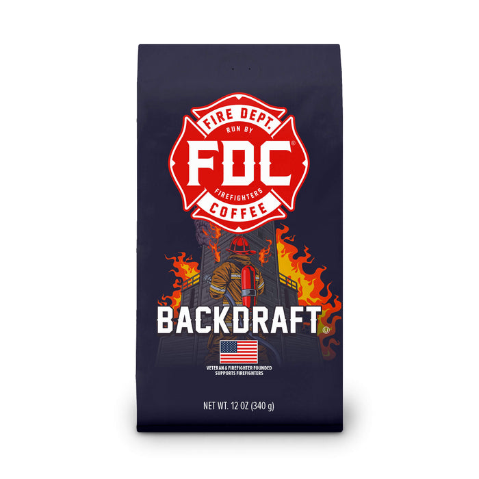 Fire Department Coffee bag with 'FDC' logo and 'Backdraft' text on a white background
