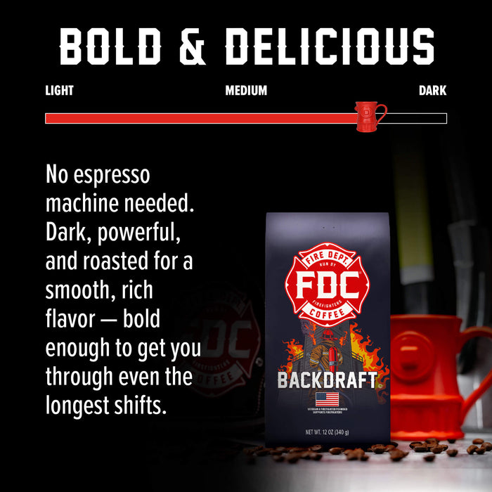 A coffee bag labeled FDC Backdraft Bold & Delicious is shown on a dark promotional graphic with a red coffee mug, coffee beans, and a flavor-explanation text block.