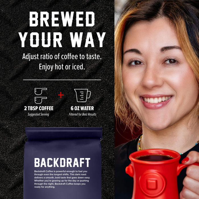 Backdraft coffee bag advertisement with a smiling woman holding a red mug on the right, and brewing instructions on the left. The ad shows a navy blue bag labeled BACKDRAFT and text reading 'BREWED YOUR WAY' with coffee-to-water ratios.