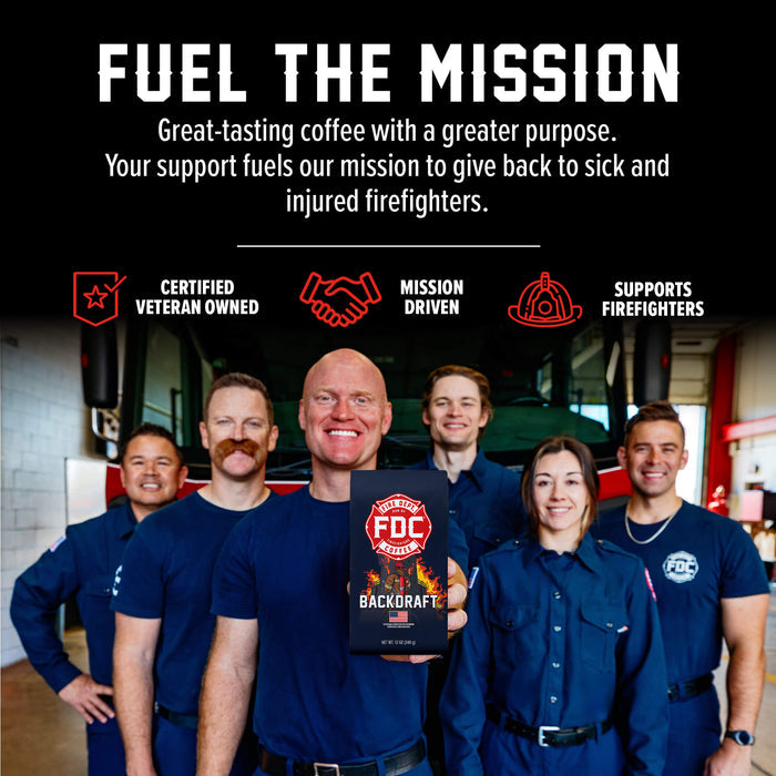 A group of firefighters standing in a fire station holding a FDC Backdraft Rescue coffee box, with a black banner above reading 'FUEL THE MISSION' and feature callouts.
