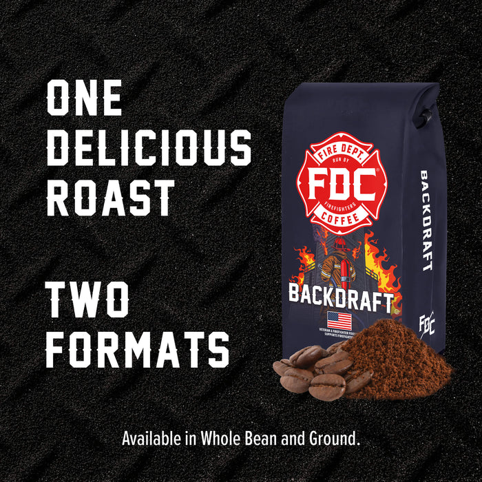 A bag of FDC Backdraft Coffee next to loose coffee beans and ground coffee on a dark textured background, with bold white text reading 'ONE DELICIOUS ROAST TWO FORMATS' and smaller text 'Available in Whole Bean and Ground.'.