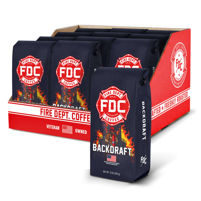 FDC Coffee packaging with 'Backdraft' flavor on a white background