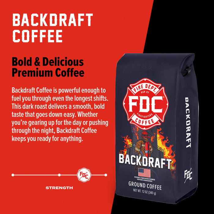 Backdraft Coffee package with branding and product description on a red background