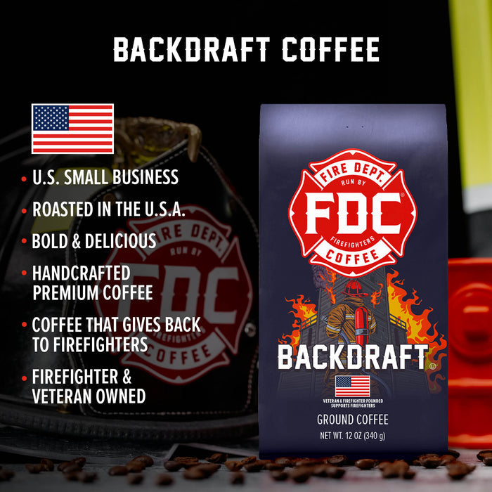 Backdraft Coffee packaging with branding and coffee beans on a dark background