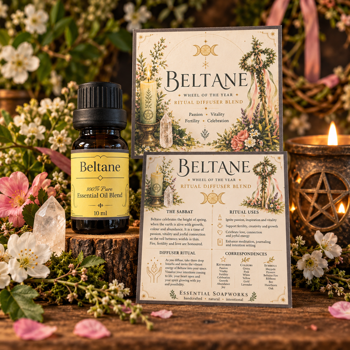 A bottle of Beltane essential oil blend and its printed packaging cards displayed on a rustic wooden surface with flowers, crystals, and a lit candle in the background.