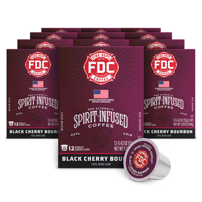 Multiple boxes of FDC Spirit-Infused Coffee Black Cherry Bourbon on a white background