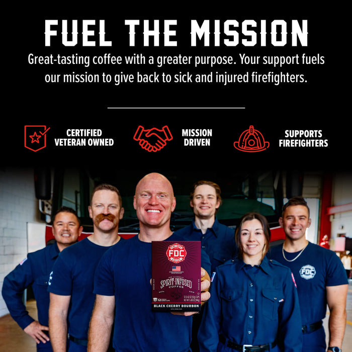 A promotional graphic for FDC Coffee featuring six firefighters in blue uniforms standing in a garage-like setting, with one man holding a box of FDC Coffee Roasted Black Cherry Bourbon. Above them is a black banner with white and red text reading 'FUEL THE MISSION' and supporting claims like 'Certified Veteran Owned' and 'Mission Driven'.