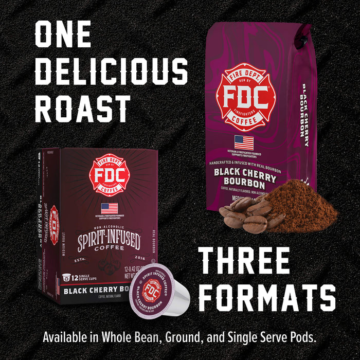 Promotional product graphic for FDC Coffee showing a whole bean box, a single-serve pod, and coffee beans and powder on a black textured background, with large text reading 'ONE DELICIOUS ROAST' and 'THREE FORMATS'.