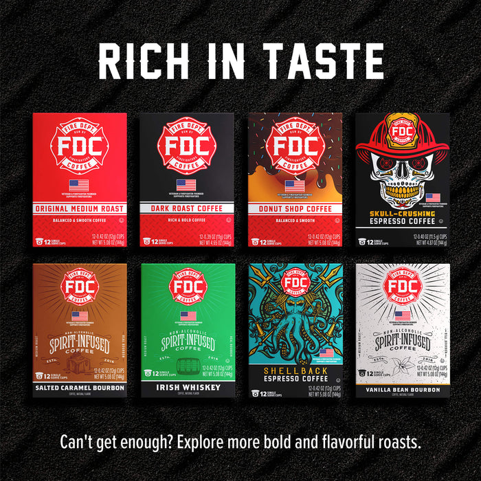 A promotional graphic for FDC Coffee Roasters showing eight different coffee roast boxes arranged in a 2x4 grid on a black textured background. The boxes feature colorful designs including red, black, orange, brown, green, and white, with bold text such as 'RICH IN TASTE' at the top and 'Can't get enough? Explore more bold and flavorful roasts.