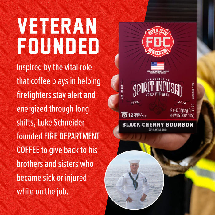 A hand holds a box of FOC Coffee Black Cherry Bourbon capsules against a red promotional background with text about a veteran founder and a small circular photo inset.