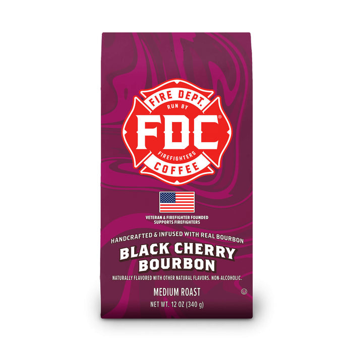 Fire Dept. Coffee Black Cherry Bourbon coffee package on a white background