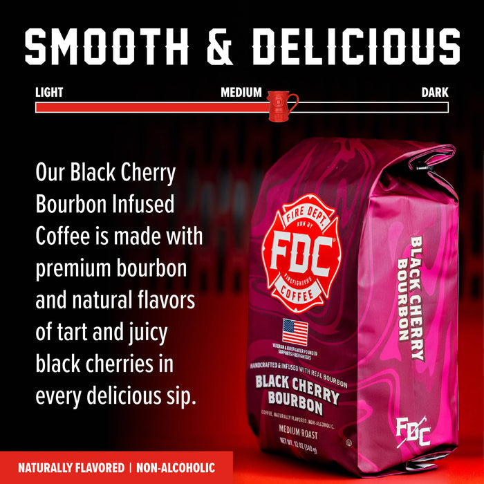A bag of FDC Black Cherry Bourbon coffee is shown on a dark promotional graphic with the headline 'SMOOTH & DELICIOUS' and a flavor guide indicating light, medium, and dark options.