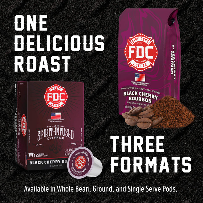 FDC Coffee Black Cherry Bourbon coffee shown in three formats: a whole bean box, a ground coffee bag, and a single-serve pod. The packaging is dark purple and red with white text, set against a black textured background with the words 'ONE DELICIOUS ROAST' and 'THREE FORMATS'.