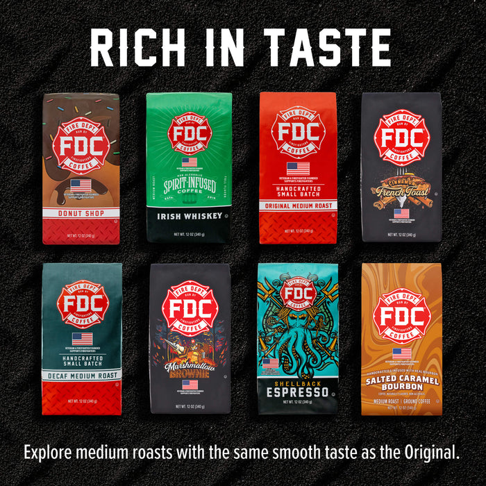 A promotional graphic showing eight bags of FDC Coffee Roasters in different flavors and roasts, arranged in a grid on a black textured background with the text 'RICH IN TASTE' at the top and descriptive copy at the bottom.