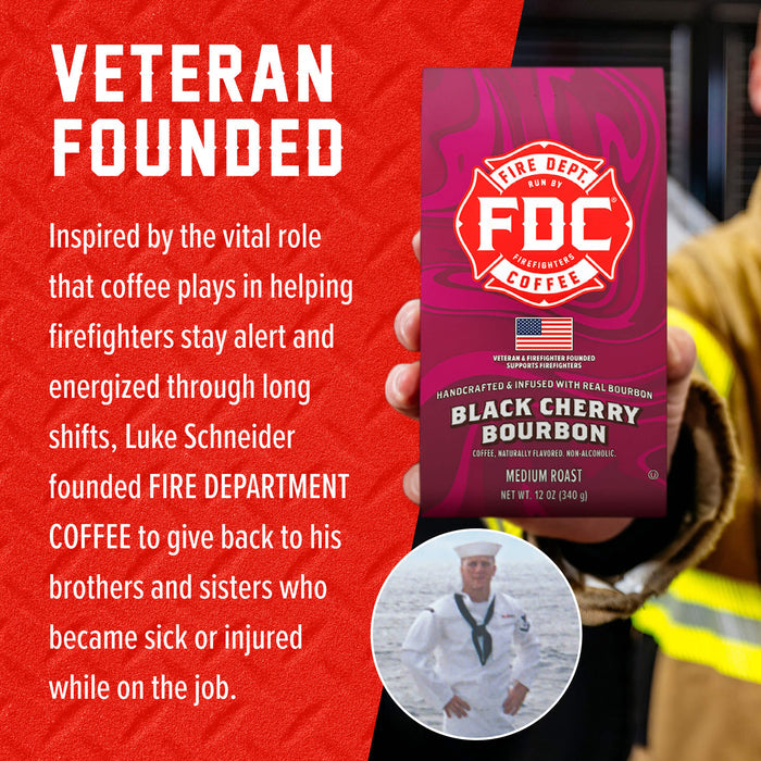 A hand holds a package of FDC Coffee Black Cherry Bourbon medium roast coffee against a red promotional graphic with white text about a veteran-founded brand and a small circular inset photo of the founder.