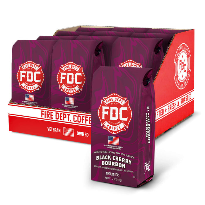 FDC Coffee packaging with purple bags and red display stand on a white background