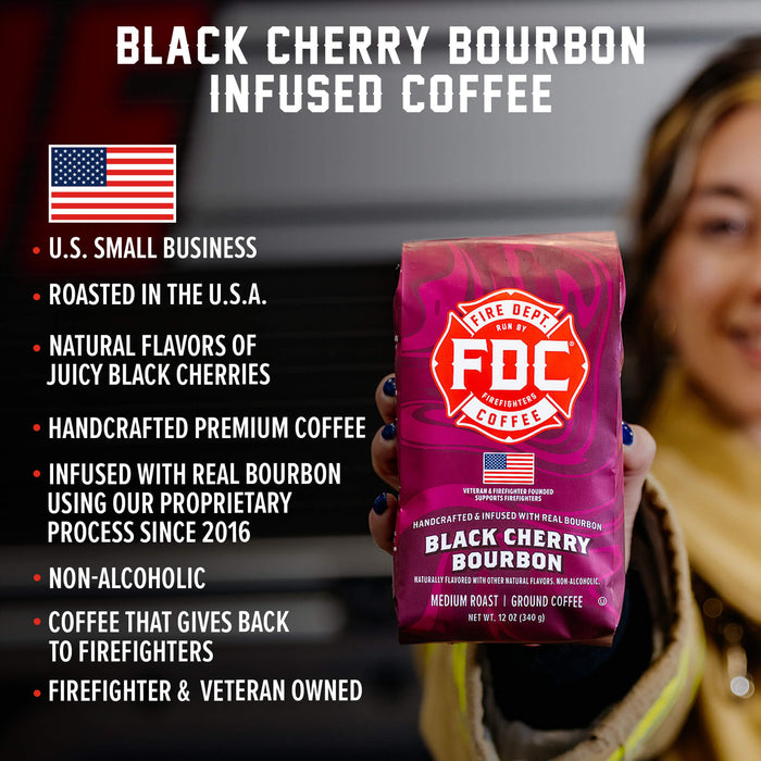 FDC Coffee Black Cherry Bourbon Infused Coffee package with product details on a blurred background