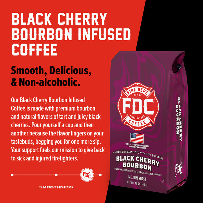 FDC Black Cherry Bourbon Infused Coffee package on a red background with text.