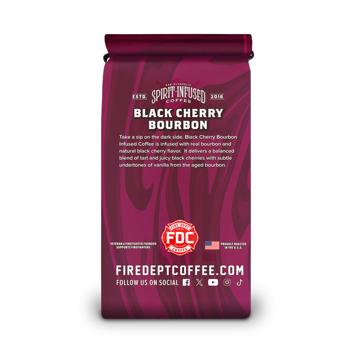 Purple coffee bag labeled 'Black Cherry Bourbon' with branding on a white background