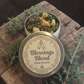 Blessings loose incense on a wooden surface with greenery.