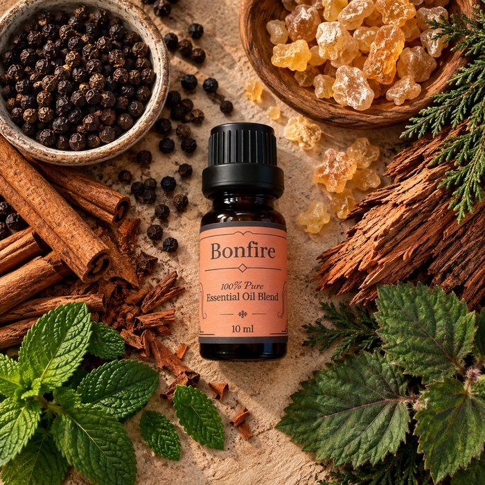 Bonfire witchy diffuser blend on a brown surface surrounded by black pepper, frankincense resin and mint leaves