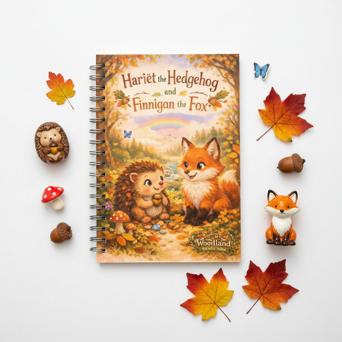 Flat lay of Hariët the Hedgehog and Finnigan the Fox storybook with woodland props on white background