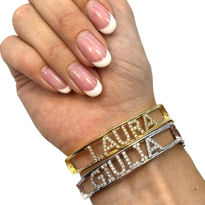 Braccialetto a manetta rigida personalizzabile in acciaio inossidabile, con una galvanica in oro 18k e pietre a taglio brillante, nei colori oro e argento - Iride Shop Bijoux e Accessori