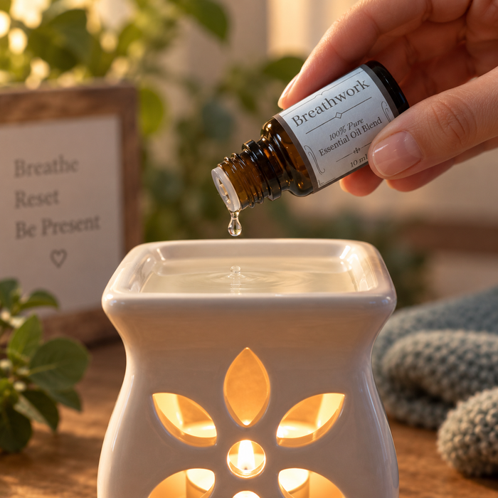 Breathwork essential oil diffuser blend being poured out onto an essential oil burner