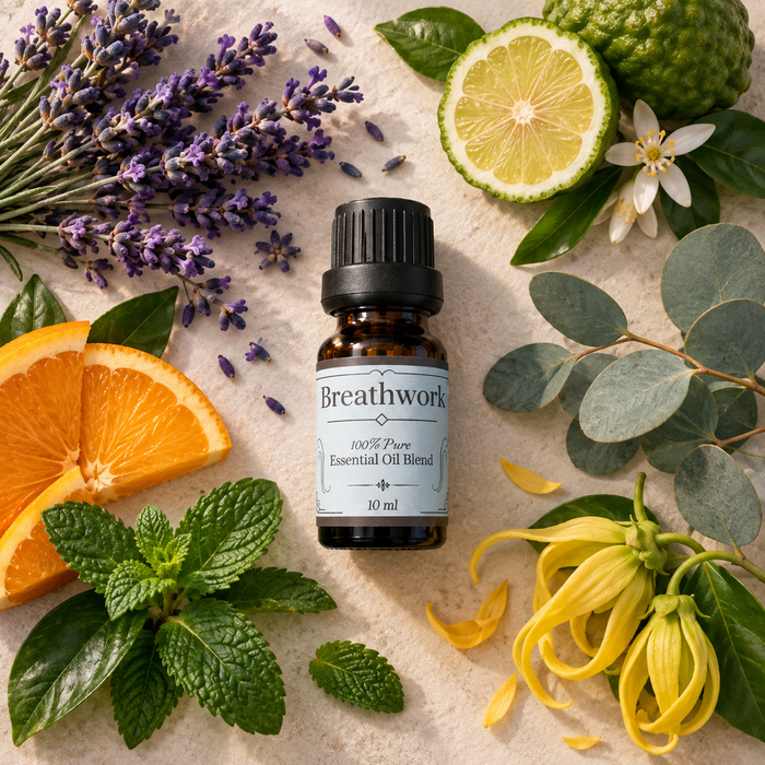 Breathwork essential oil diffuser blend on a wooden surface alongside bergamot fruit, orange slices, peppermint leaves, lavender flowers and ylang ylang