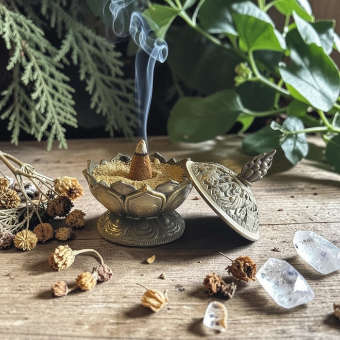 Decorative bronze incense burner with a smoking cone on a wooden surface with plants and crystals.