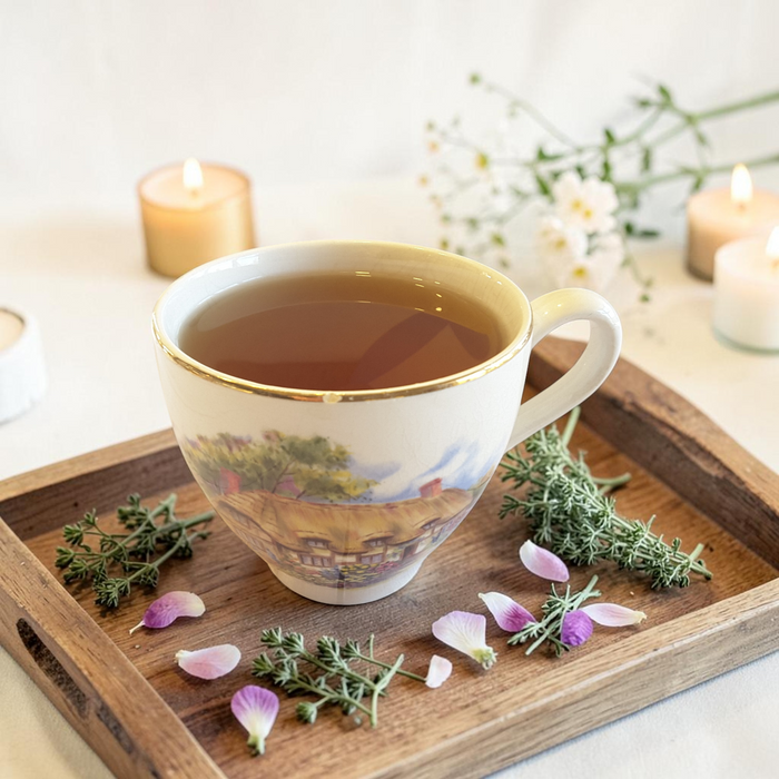 chakra balance tea on a wooden tray with herbs and flowers, candles in the background