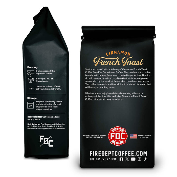 Two black coffee bag packaging designs shown side by side on a white background, one displaying brewing and storage instructions, and the other displaying product description and branding.