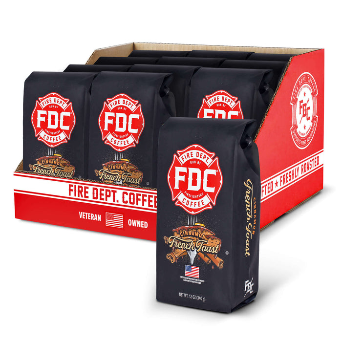 Fire Dept. Coffee packaging with red and black design on a white background