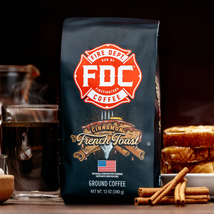 Bag of Fire Dept. Coffee with cinnamon and French toast design on a dark background