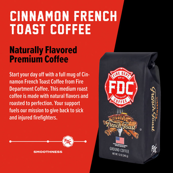 Fire Department Coffee Cinnamon French Toast coffee bag with branding and description on a red background