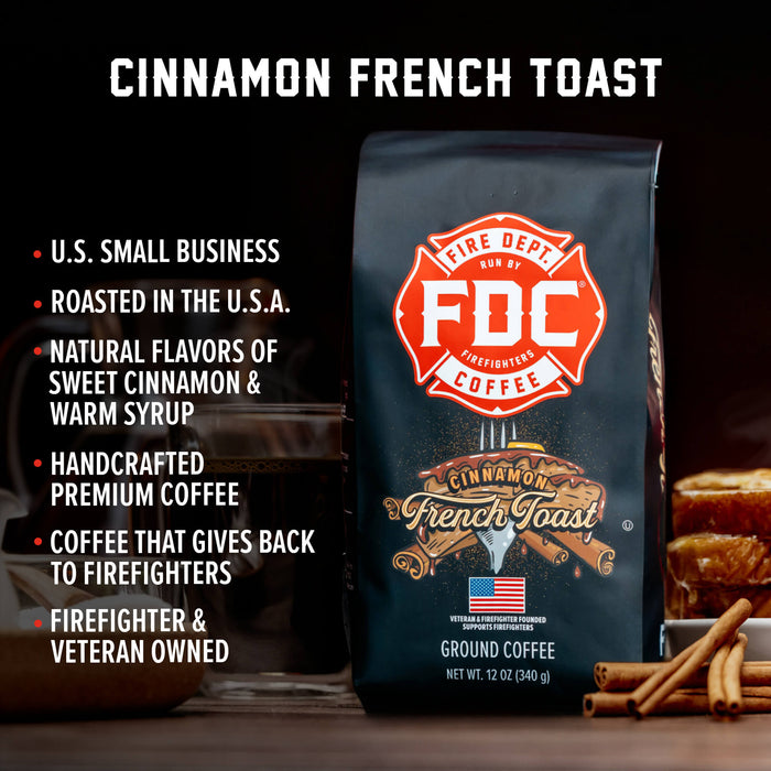 FDC Coffee Cinnamon French Toast coffee bag with branding and product details.