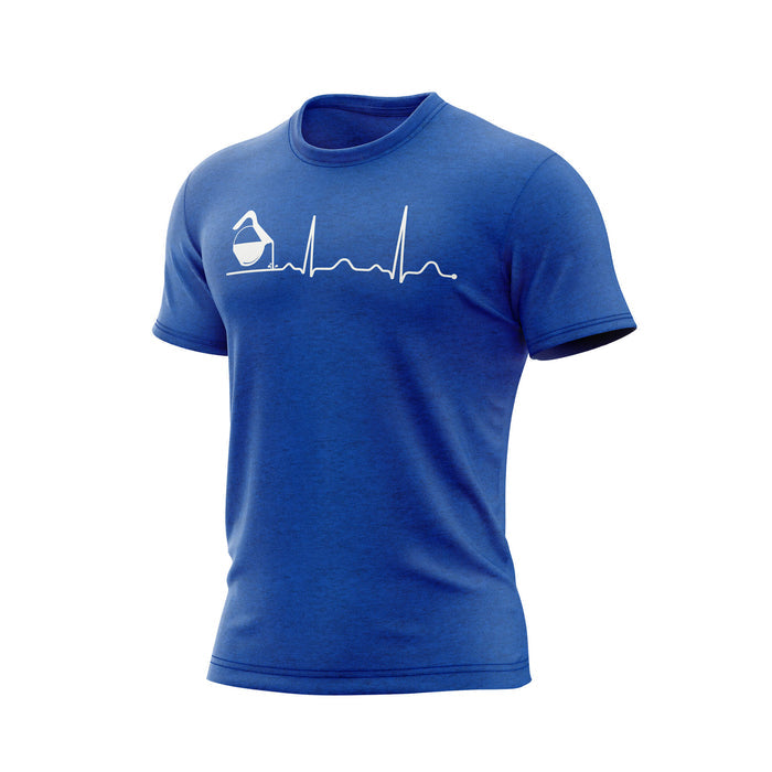 Front of a royal blue shirt with a white graphic of a coffee pot pouring on an EKG heart rate line.