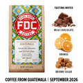 A bag of FDC Fire Department Coffee from Guatemala on a white background, with flavor notes shown on the right: milk chocolate, orange, and brown sugar. Text at the bottom reads 'COFFEE FROM GUATEMALA | SEPTEMBER 2026'.