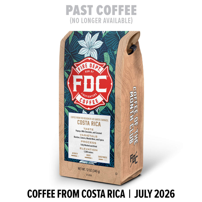 A bag of FDC Fire Department Coffee from Costa Rica, July 2026, shown on a white background with text overlays indicating past coffee is no longer available and coffee from Costa Rica is available.