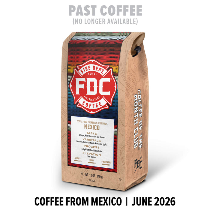 A bag of FDC Fire Department Coffee from Mexico, featuring a kraft paper exterior with a colorful serape pattern on the front and a red fire department logo. Text overlays indicate 'PAST COFFEE (NO LONGER AVAILABLE)' at the top and 'COFFEE FROM MEXICO | JUNE 2026' at the bottom.
